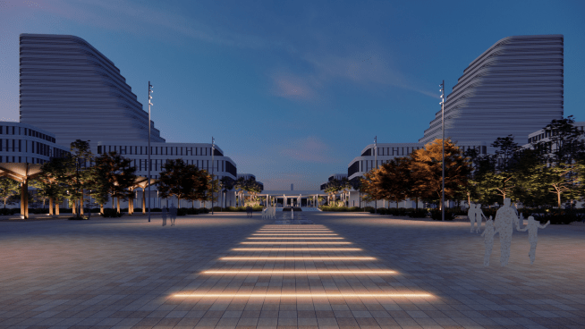 A tasteful sidewalk designed of light stripes.